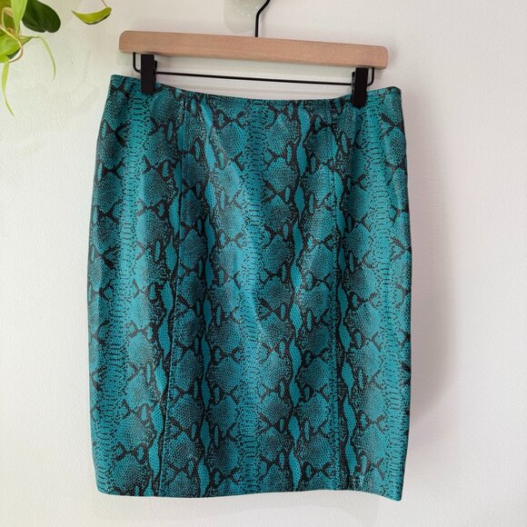 Jana Kos Leather Pencil Skirt Size 8 Teal Snakeskin Embossed Made in USA Y2K